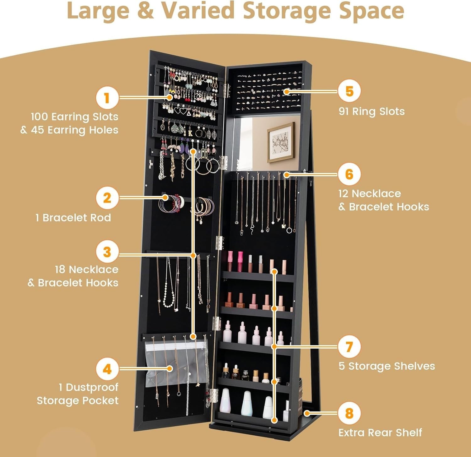 Rotating Jewelry Armoire Lockable Full Length Mirror Storage Cabinet