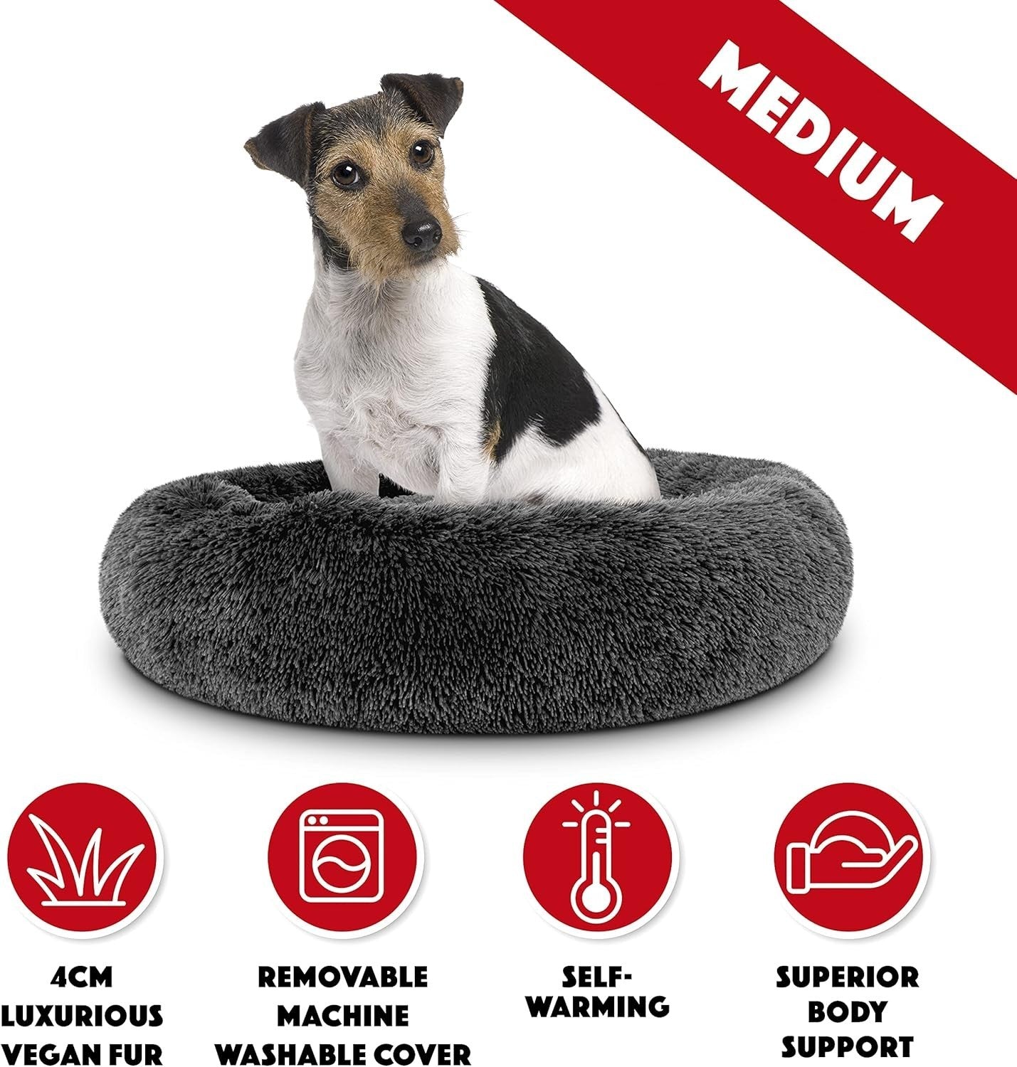 Medium Plush Donut Dog Bed 76cm Calming Round Nest Grey