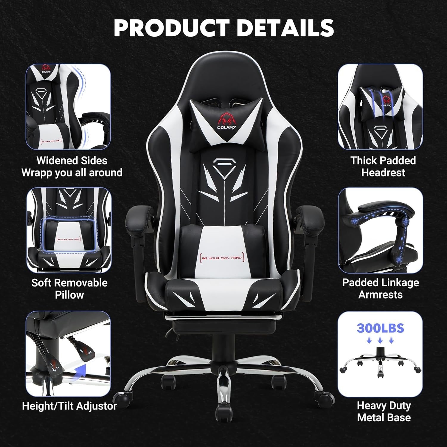 High Back Ergonomic Gaming Chair Swivel Recliner Office Seat Headrest Lumbar Whi