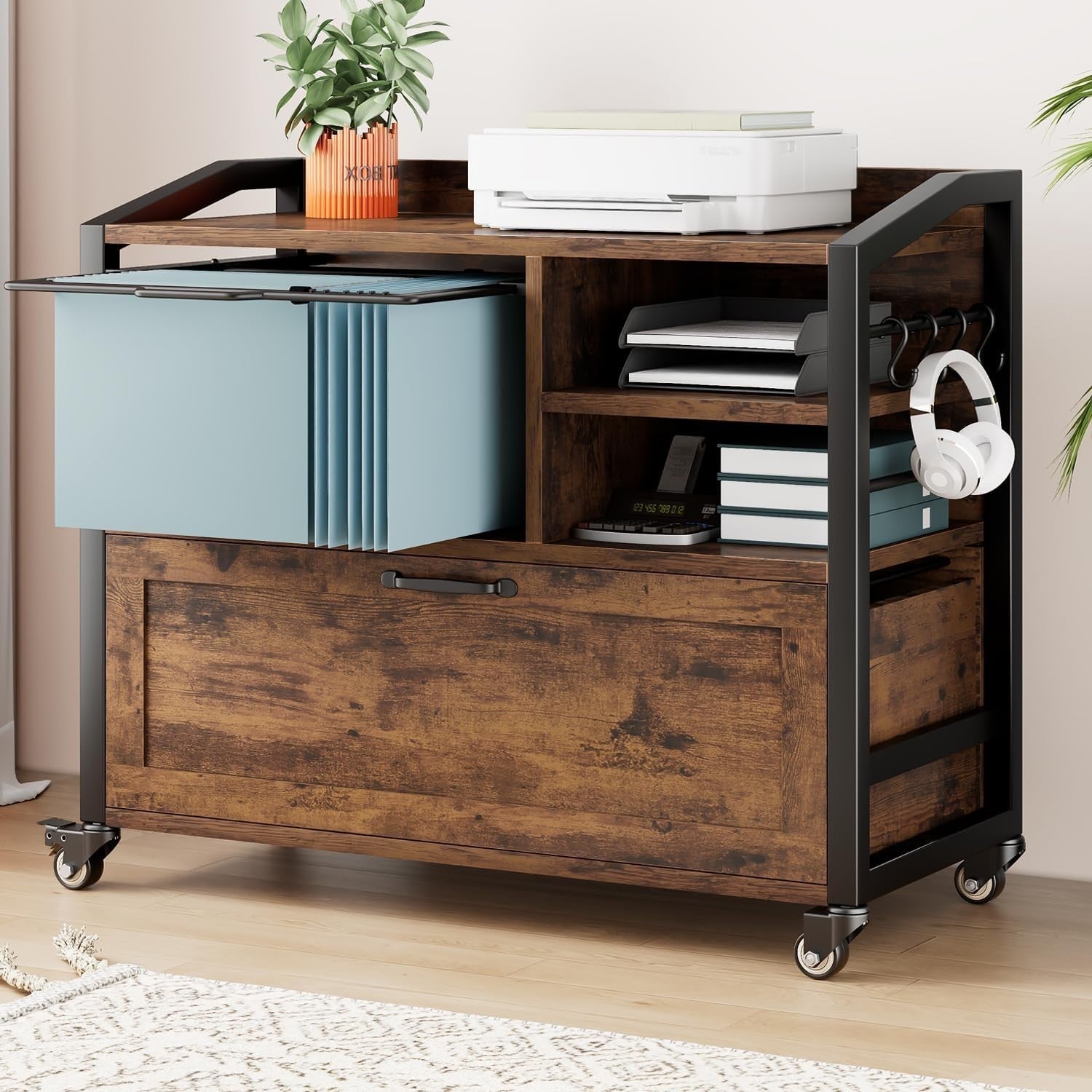 Rustic Brown Rolling Lateral File Cabinet Printer Stand Legal Letter
