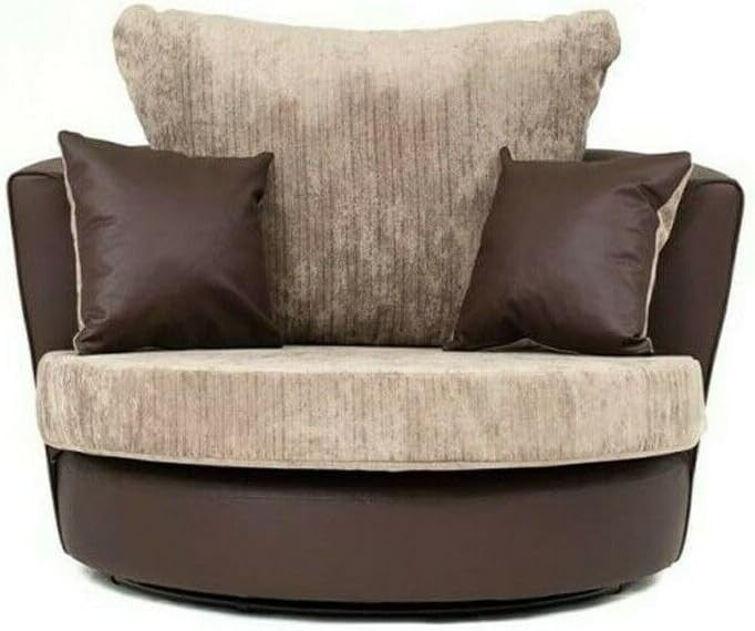 Brown Beige Fabric Corner Sofa with Swivel Chair | Right Hand 3+2 Seater Set