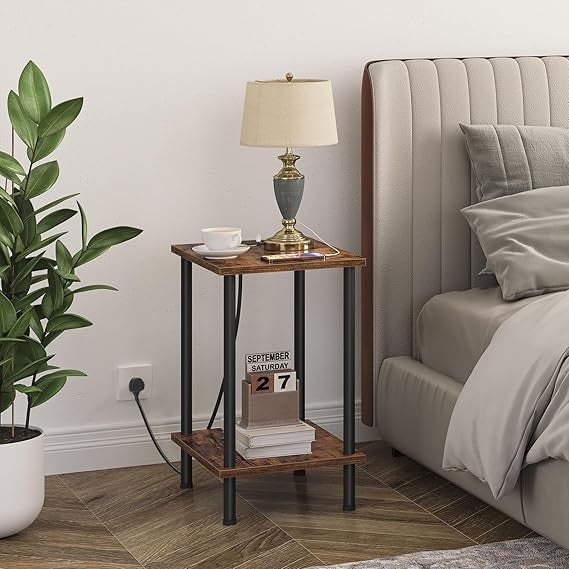 Narrow Bedside Table with Charging Station & Shelves, Rustic Small Side Table