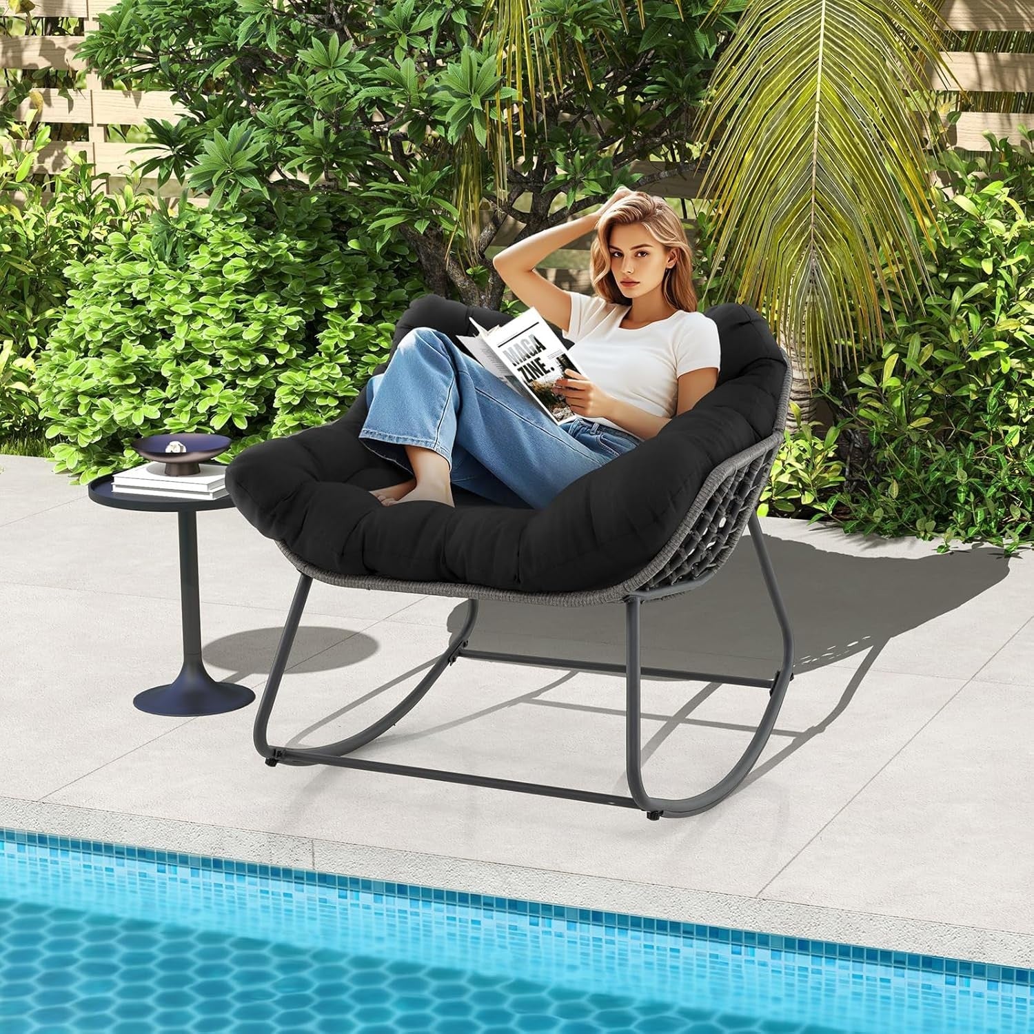 Oversized Outdoor Rocking Chair with Removable Cushion for Patio