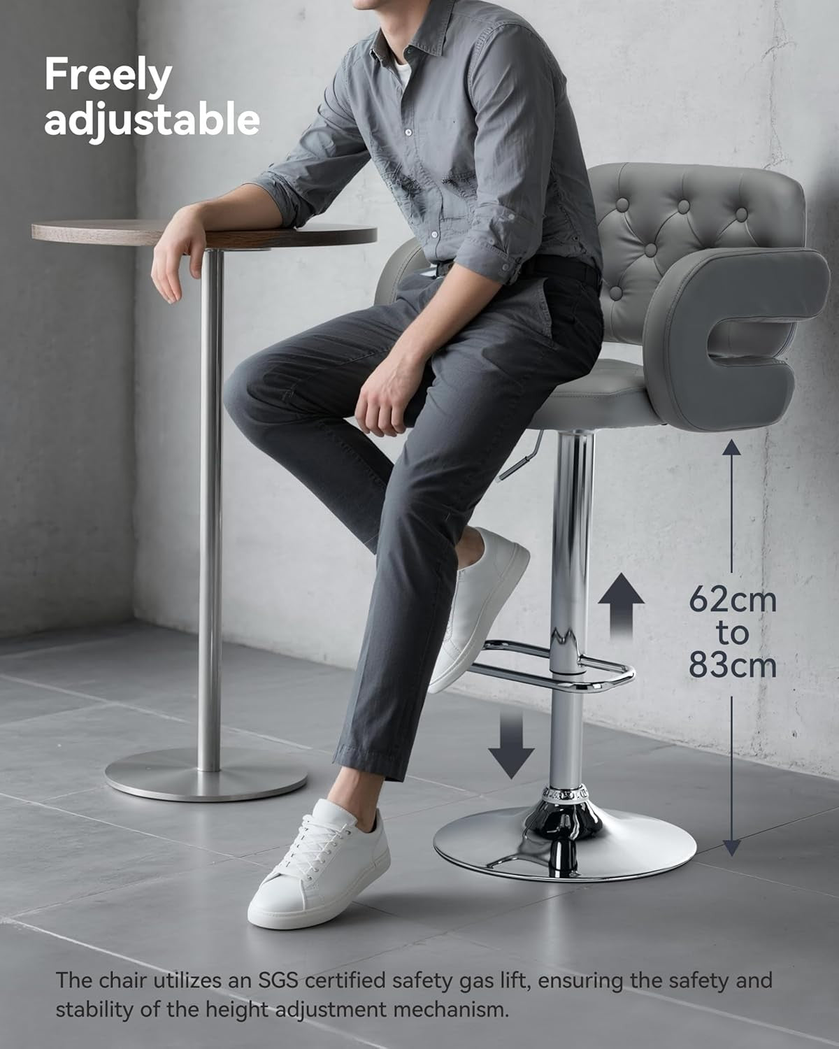 Light Grey Adjustable Swivel Kitchen Breakfast Bar Stool Faux Leather