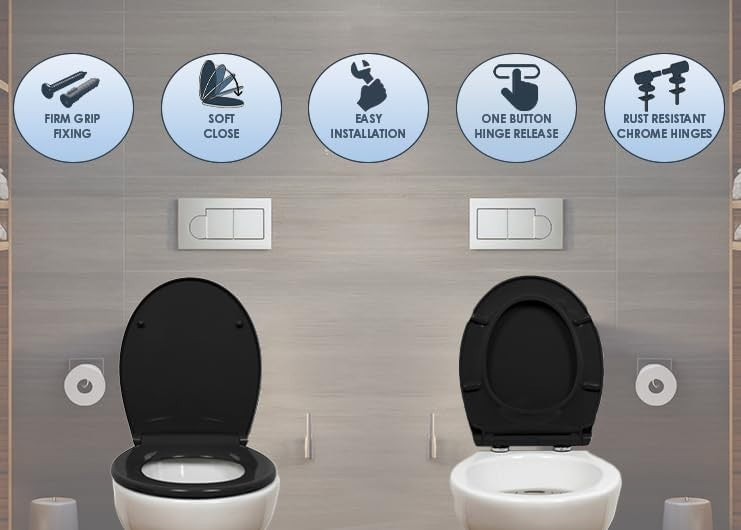 Black Oval Toilet Seat Thermoplastic Quick Release Top & Bottom Fix 45x37cm