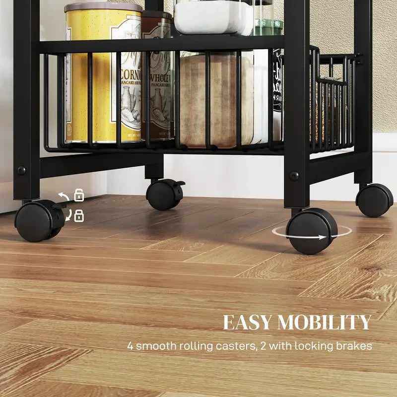 Rolling Kitchen Trolley with 5 Mesh Baskets & Marble Top – Light Grey