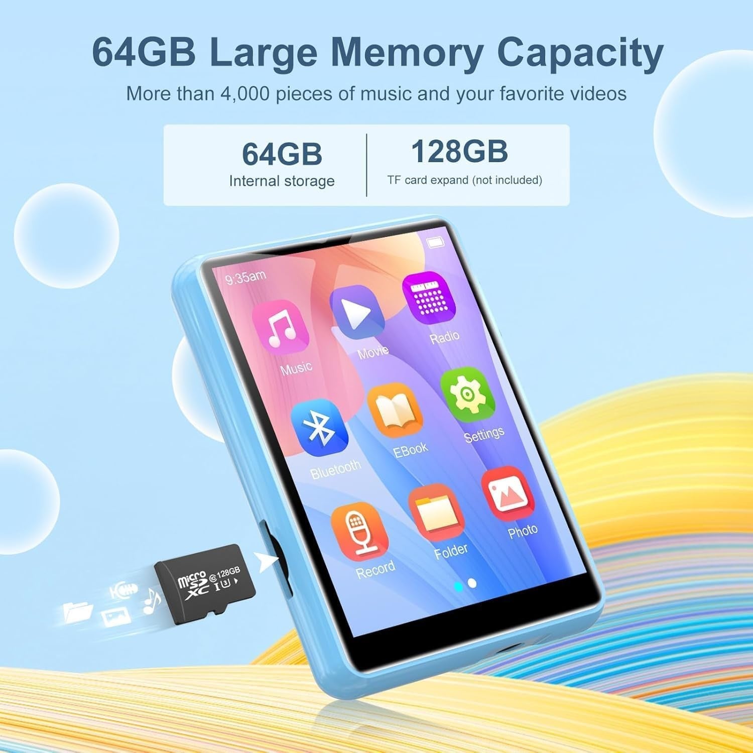 64GB Bluetooth MP3 Player Blue 2.4" Touchscreen HiFi FM