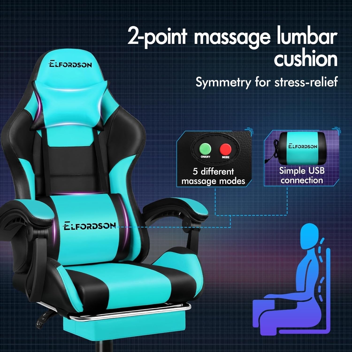 Cyan Gaming Chair XL Massage Lumbar Footrest Ergonomic High Back PU Leather