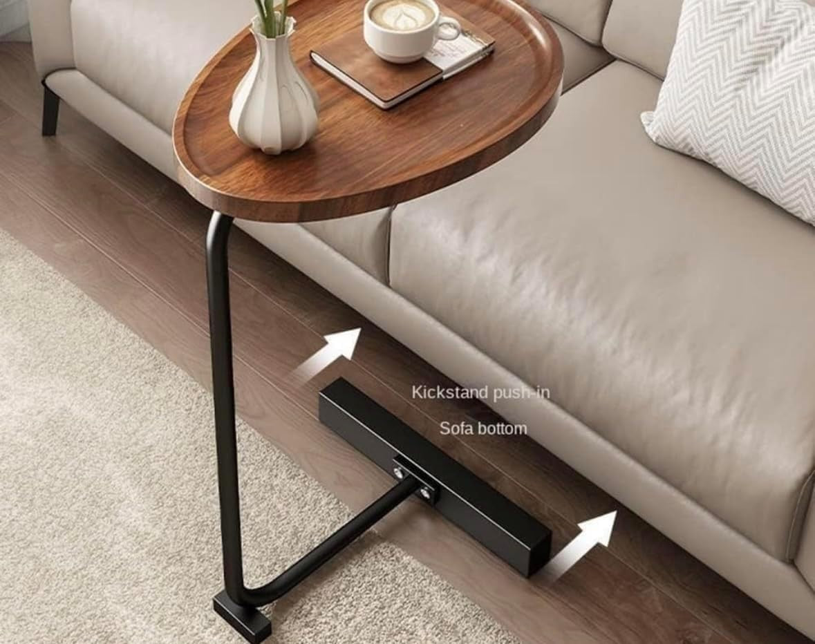 C-Shaped Sofa Side Table Wooden Top Black Metal Frame Compact 40x30x65cm