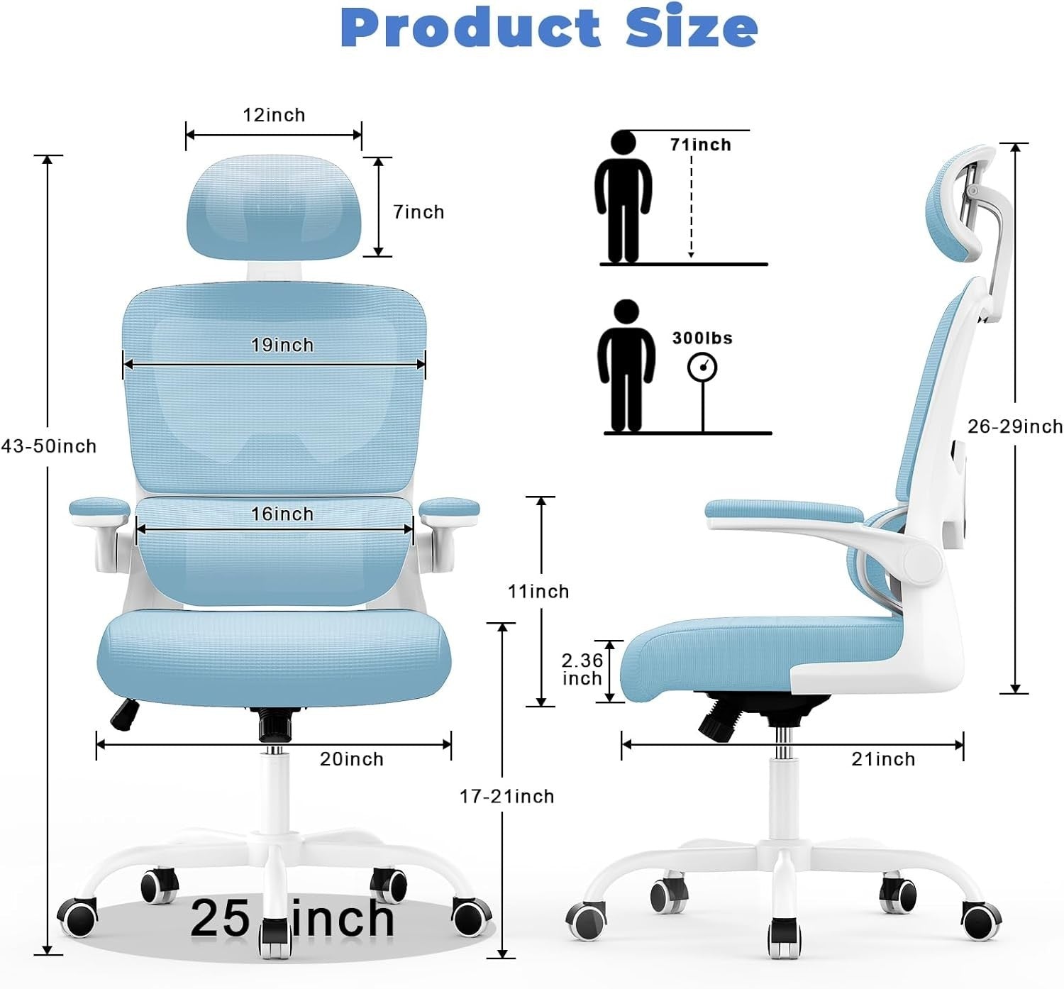 Ergonomic Mesh Office Chair with Adjustable Headrest Armrest Lumbar Support Blue