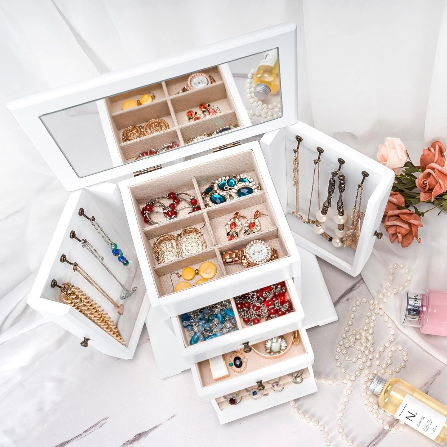 White Wooden Jewellery Box Large Organizer with Mirror 4 Layer Vintage