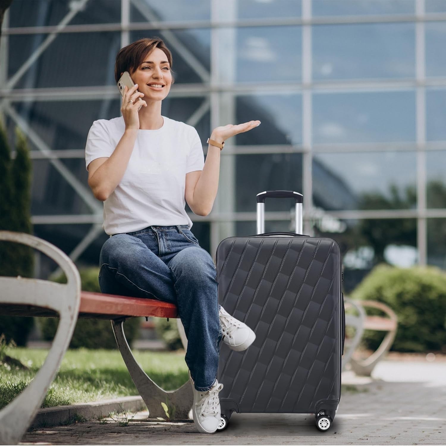 20 Inch Cabin Hard Shell Carry On Suitcase 4 Spinner Wheels Lock Black