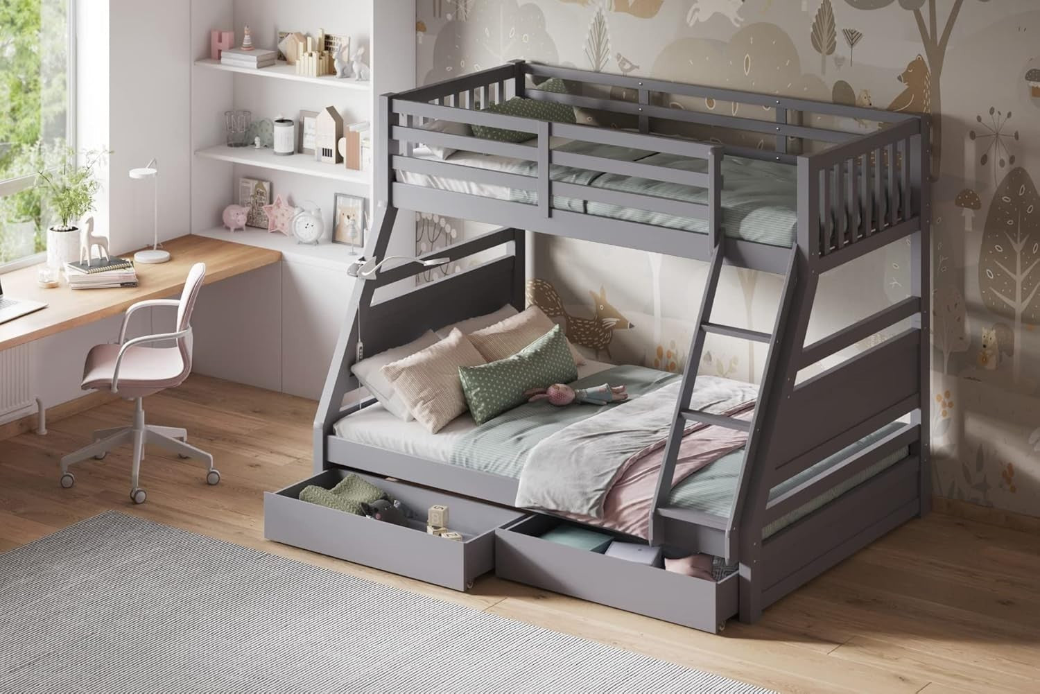 Triple Bunk Bed with Storage Drawers – Grey Wooden Kids Sleeper
