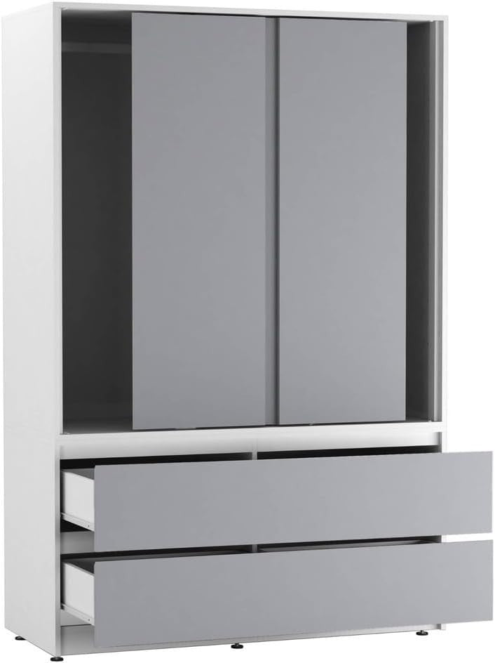 Grey Sliding Wardrobe with 4 Drawers Rail Storage Modern Bedroom Unit