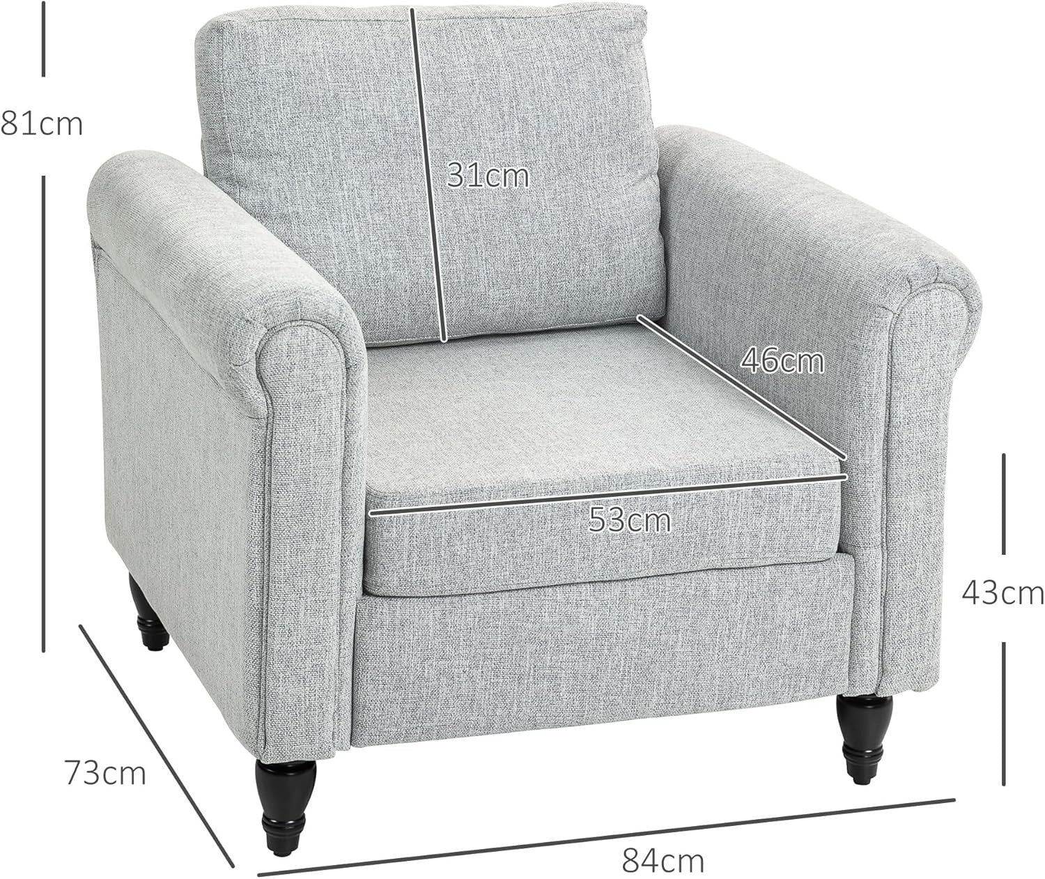 Grey Upholstered Accent Armchair with Back Pillow & Rubber Wood Legs