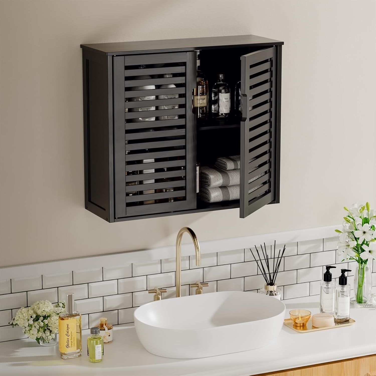Black Bathroom Wall Cabinet Storage 2 Door Bamboo Unit Adjustable Shelf