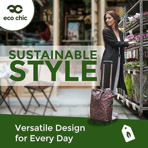 Eco Chic Folding Shopping Trolley with 25L Detachable Tote – Highland Cow Teal