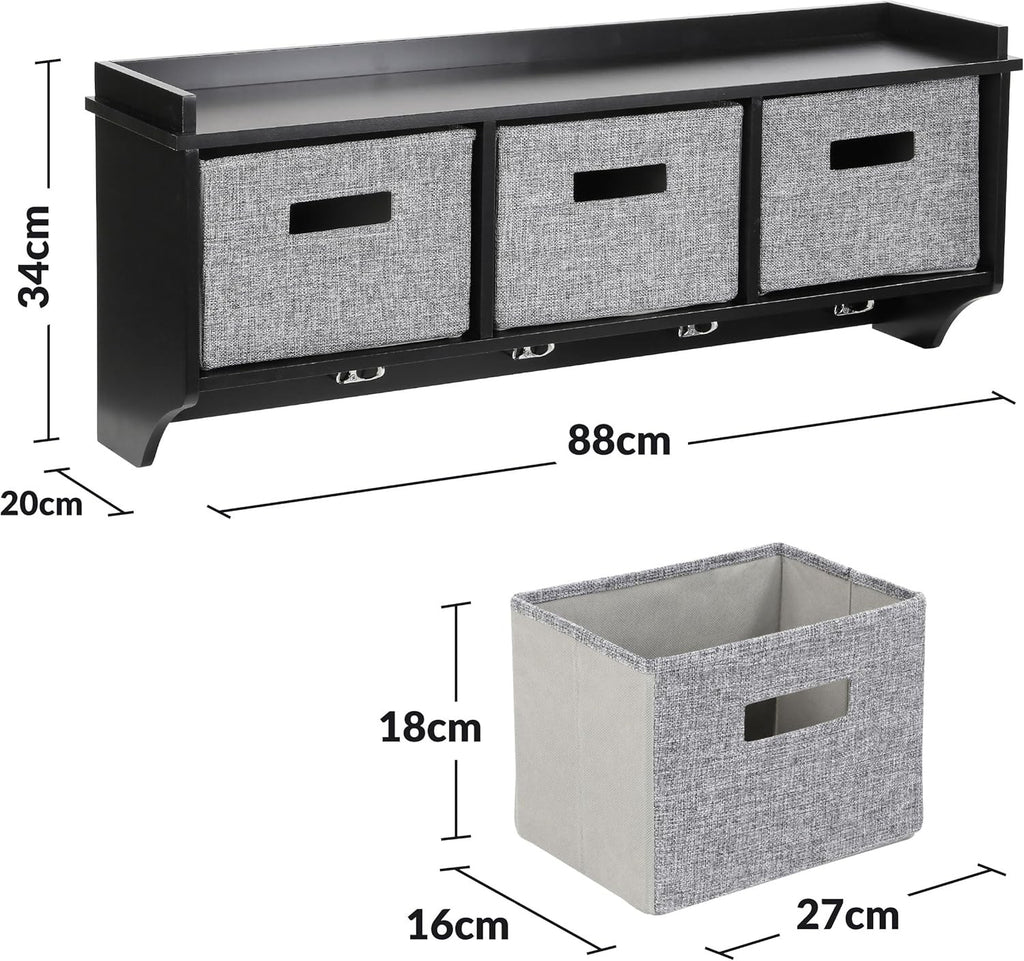 Black Wall Mounted Coat Rack | 5 Hooks & 3 Fabric Baskets Hallway Shelf