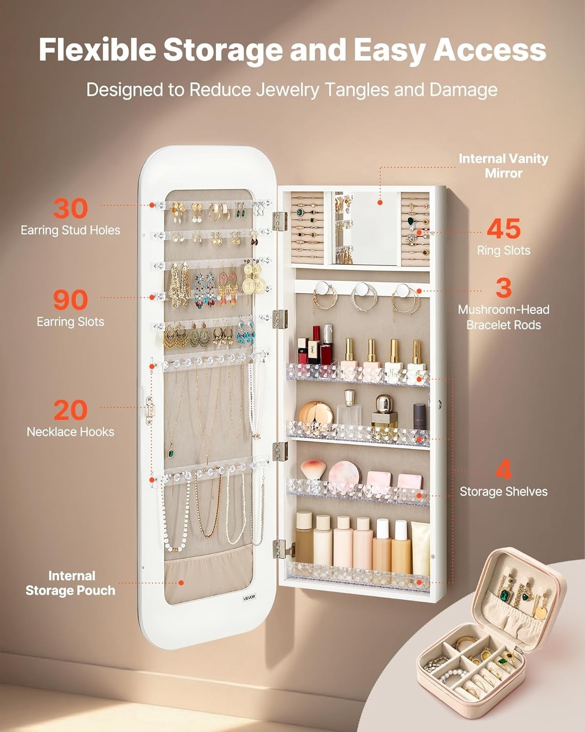 Wall Mount Jewelry Mirror Cabinet Full Length Lockable Storage Organizer