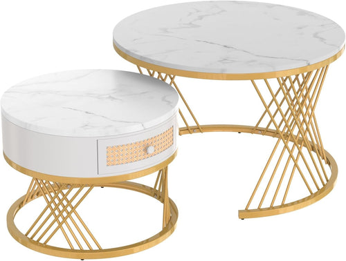 Round Nested Coffee Table Set Marble Look Top & Storage for Small Spaces Gold/Wh