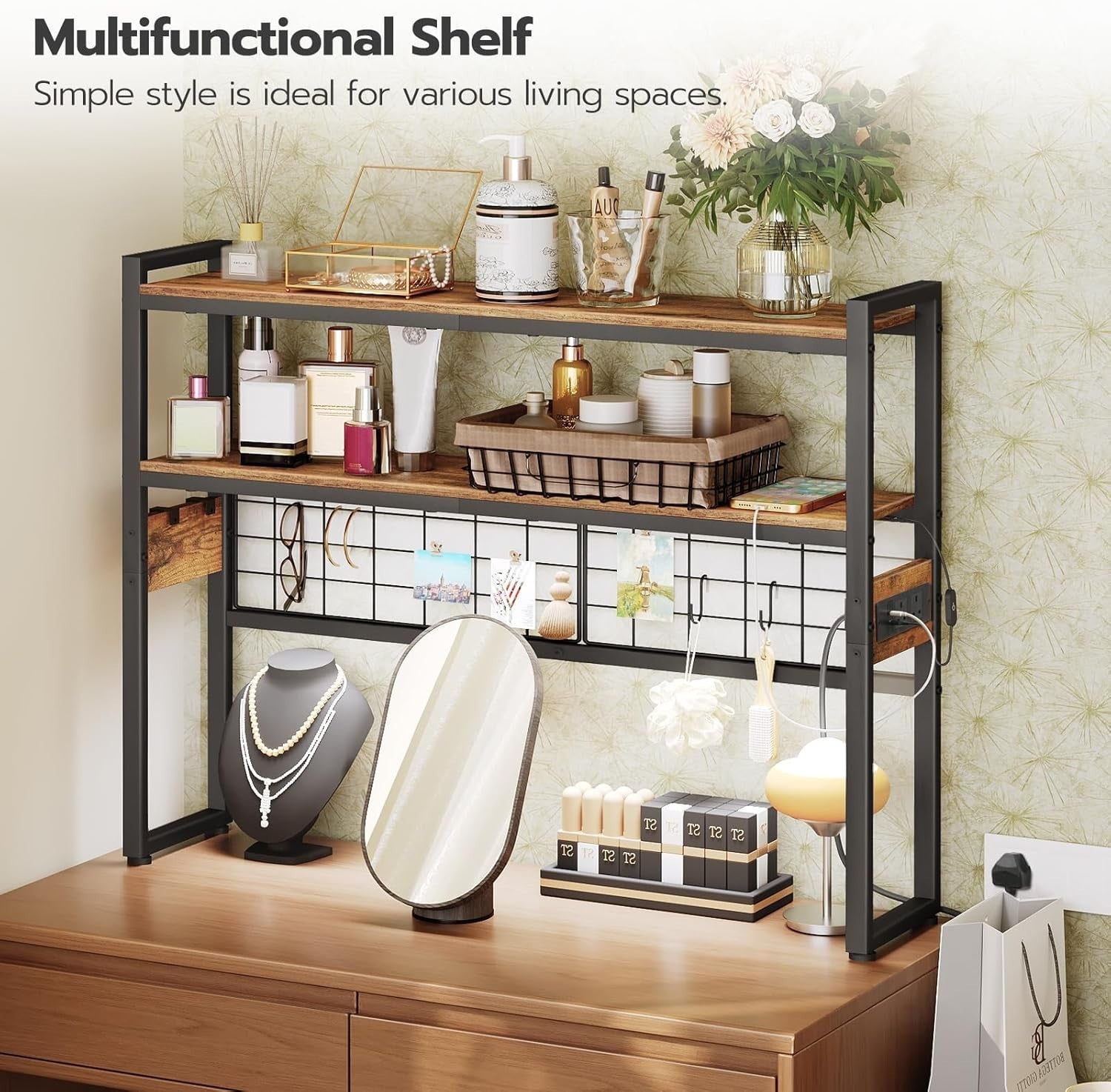 2-Tier Rustic Brown Desk Organizer with LED Lights & Charging Station