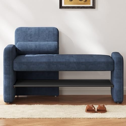 104cm Entryway Bench with Shoe Storage, Upholstered Blue Modern Seat