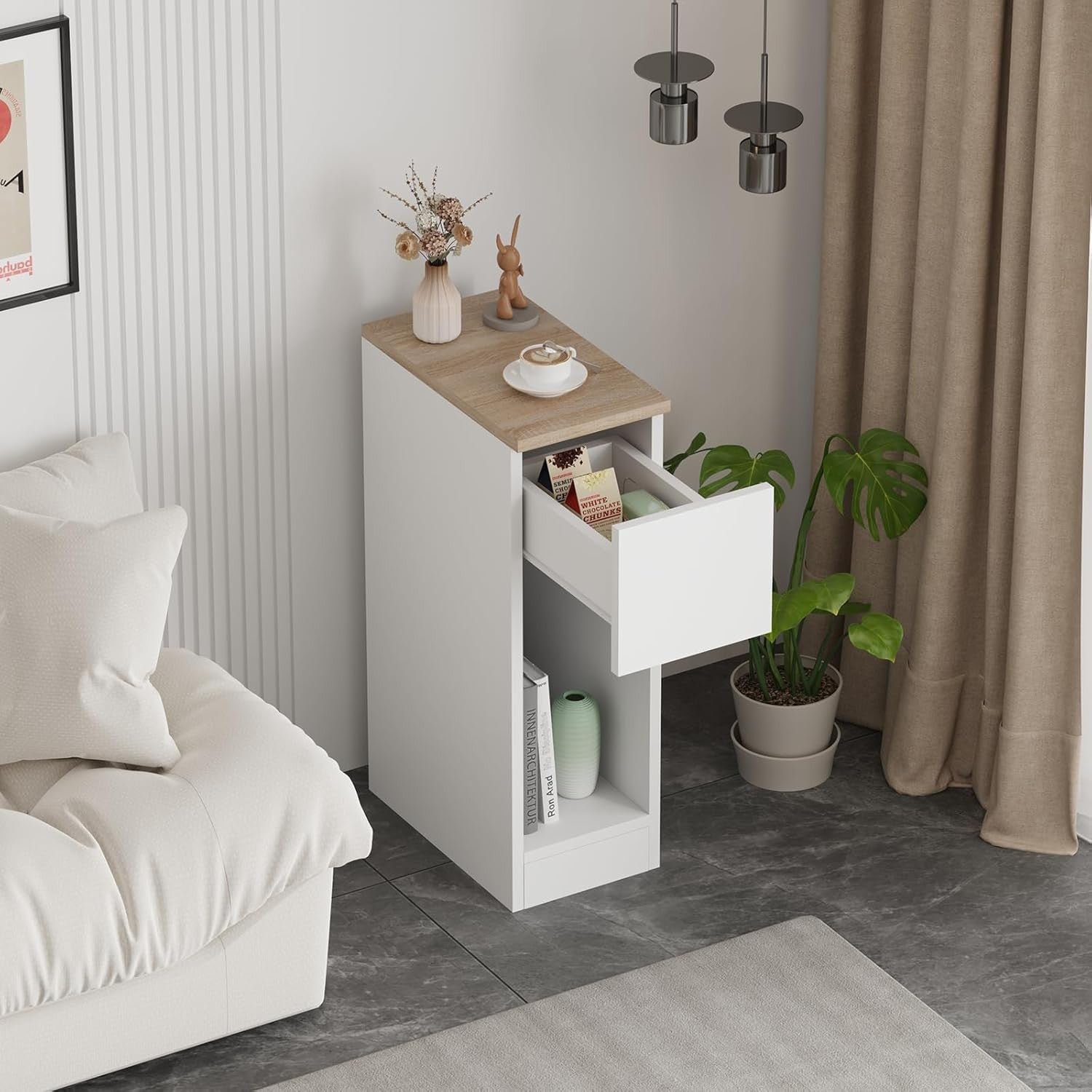 Slim White Bedside Table with Drawer & Shelf, Narrow Modern Nightstand Storage