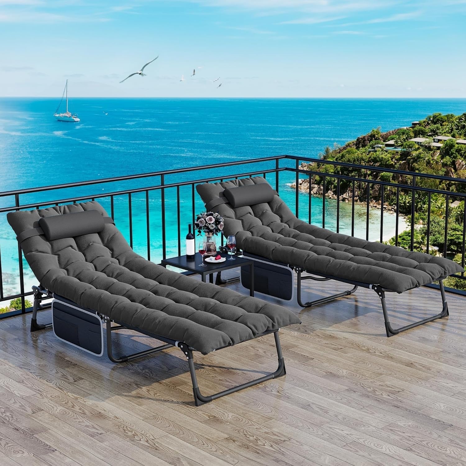 Folding Sun Lounger Recliner Bed w/ Cushion, 5-Position, Garden Camping