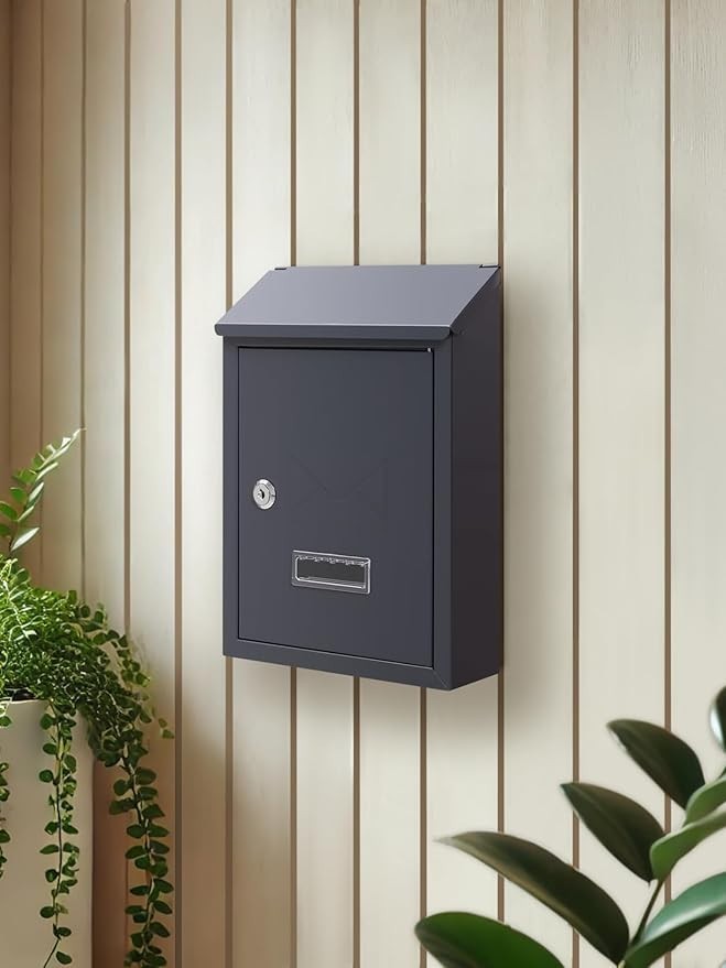 Lockable Wall Mounted Mailbox Grey – Weatherproof Steel Post Box with Keys