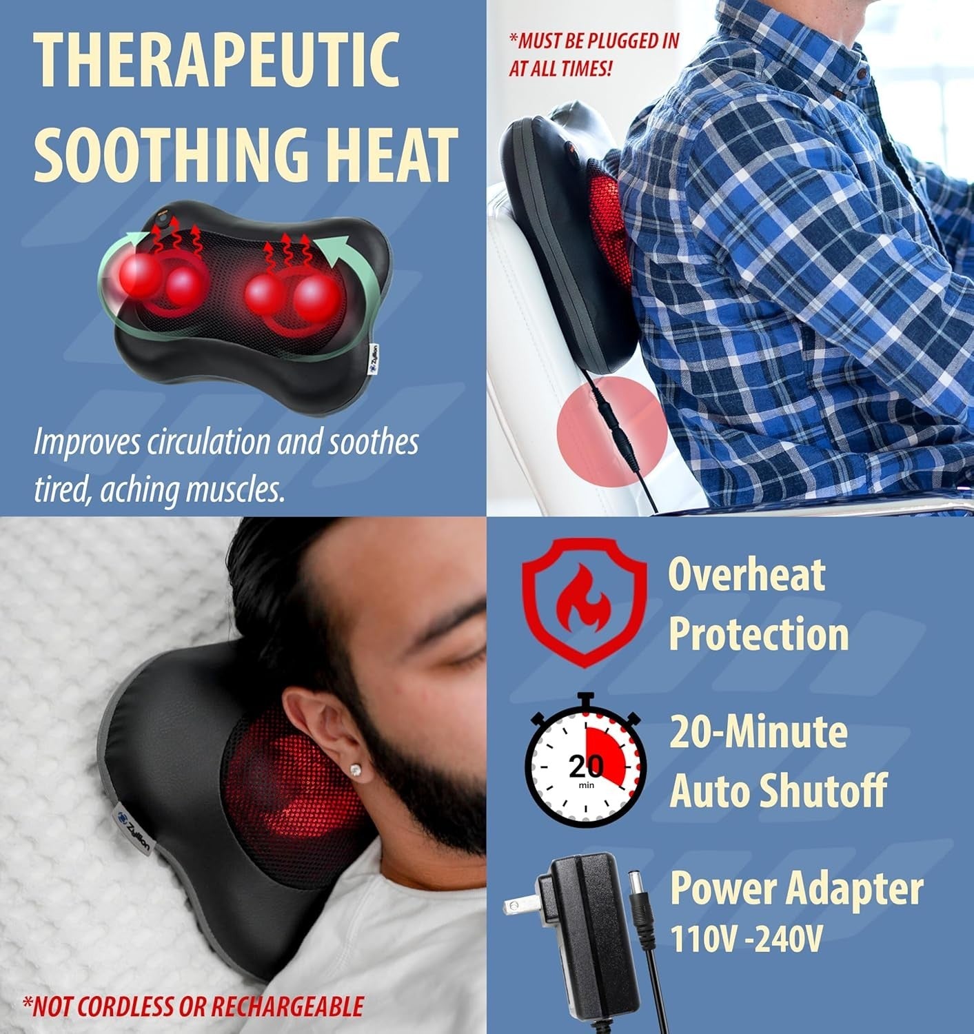 Heated Shiatsu Back Neck Massager Pillow – Deep Tissue Pain Relief