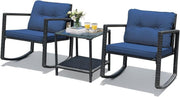 Rocking Rattan Bistro Set 3PC Patio Chairs with Two Tier Glass Table Cushions