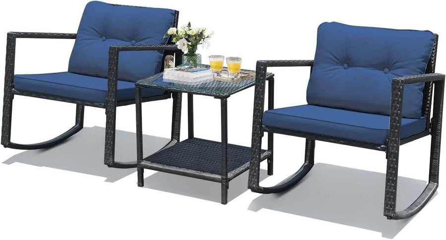Rocking Rattan Bistro Set 3PC Patio Chairs with Two Tier Glass Table Cushions