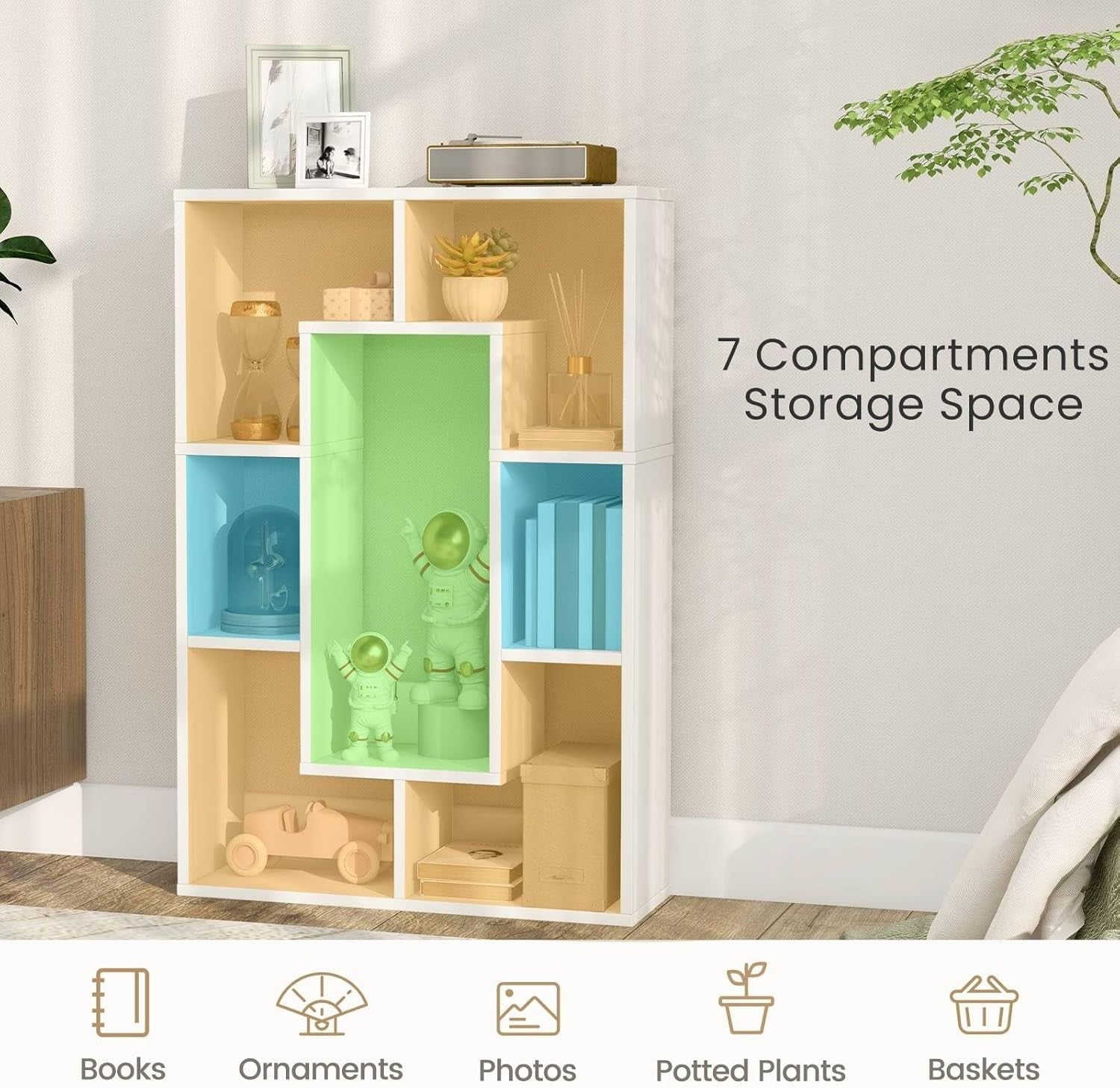 7-Cube White Geometric Bookcase Modern Room Divider Storage Display Shelf