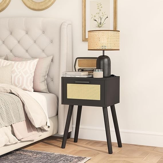Set of 2 Black Bedside Tables with Rattan Drawer, Modern Wooden Nightstands