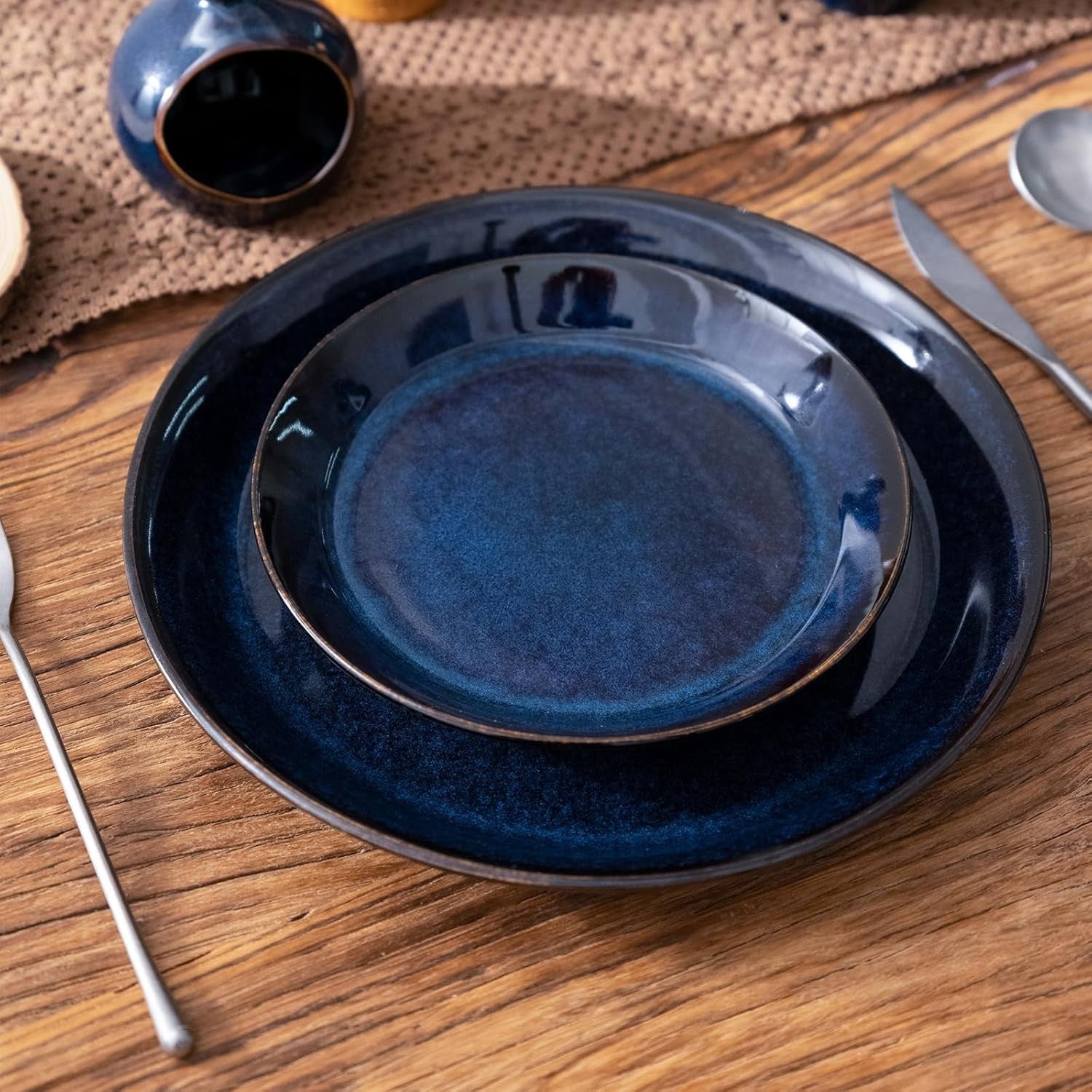 6pc Blue Glazed Dinner Plates 19cm Stoneware Scratch Resistant Dishwasher Safe