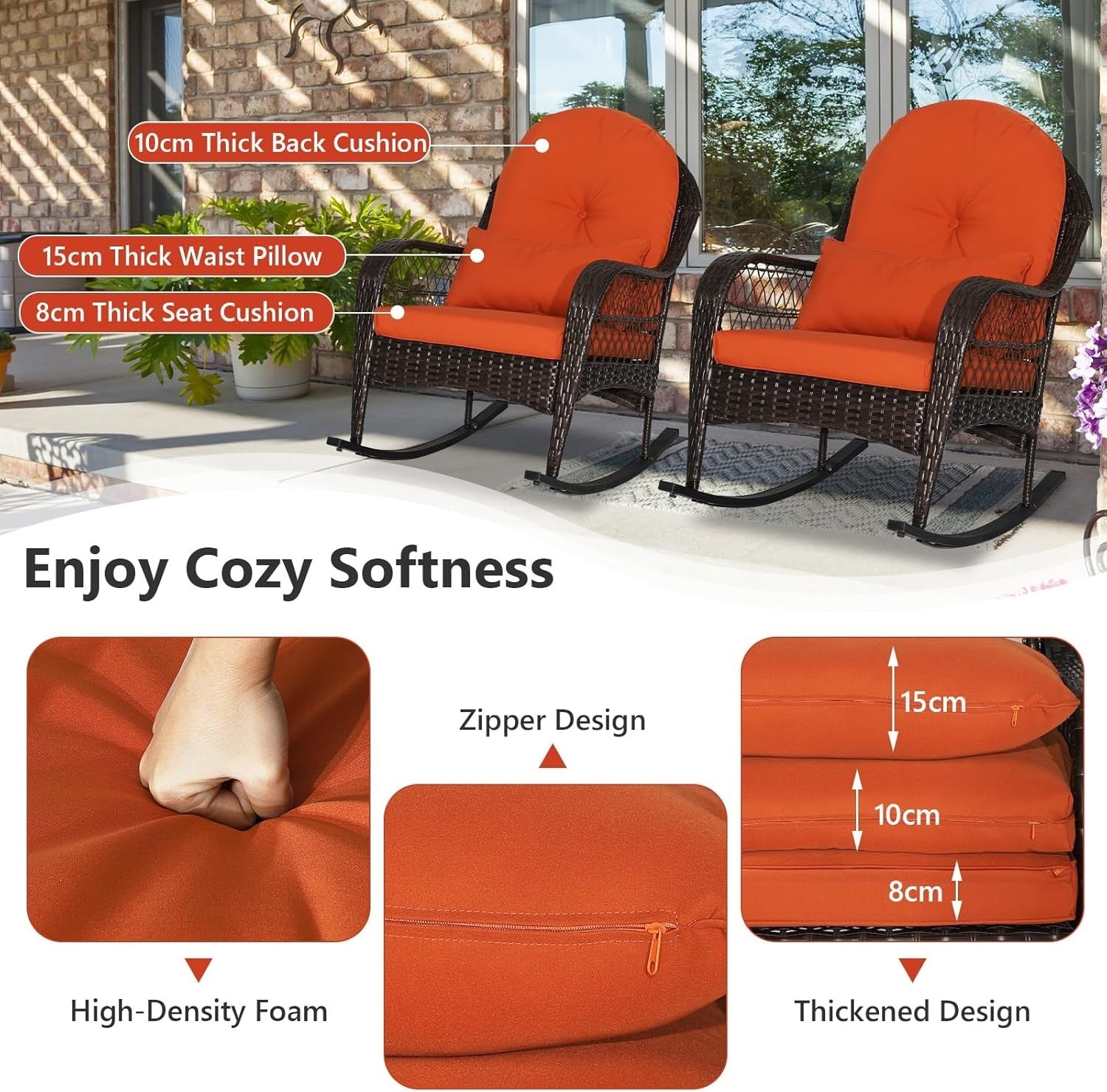 Rattan Rocking Chair Outdoor Garden Patio Seat W/Cushion & Lumbar Pillow