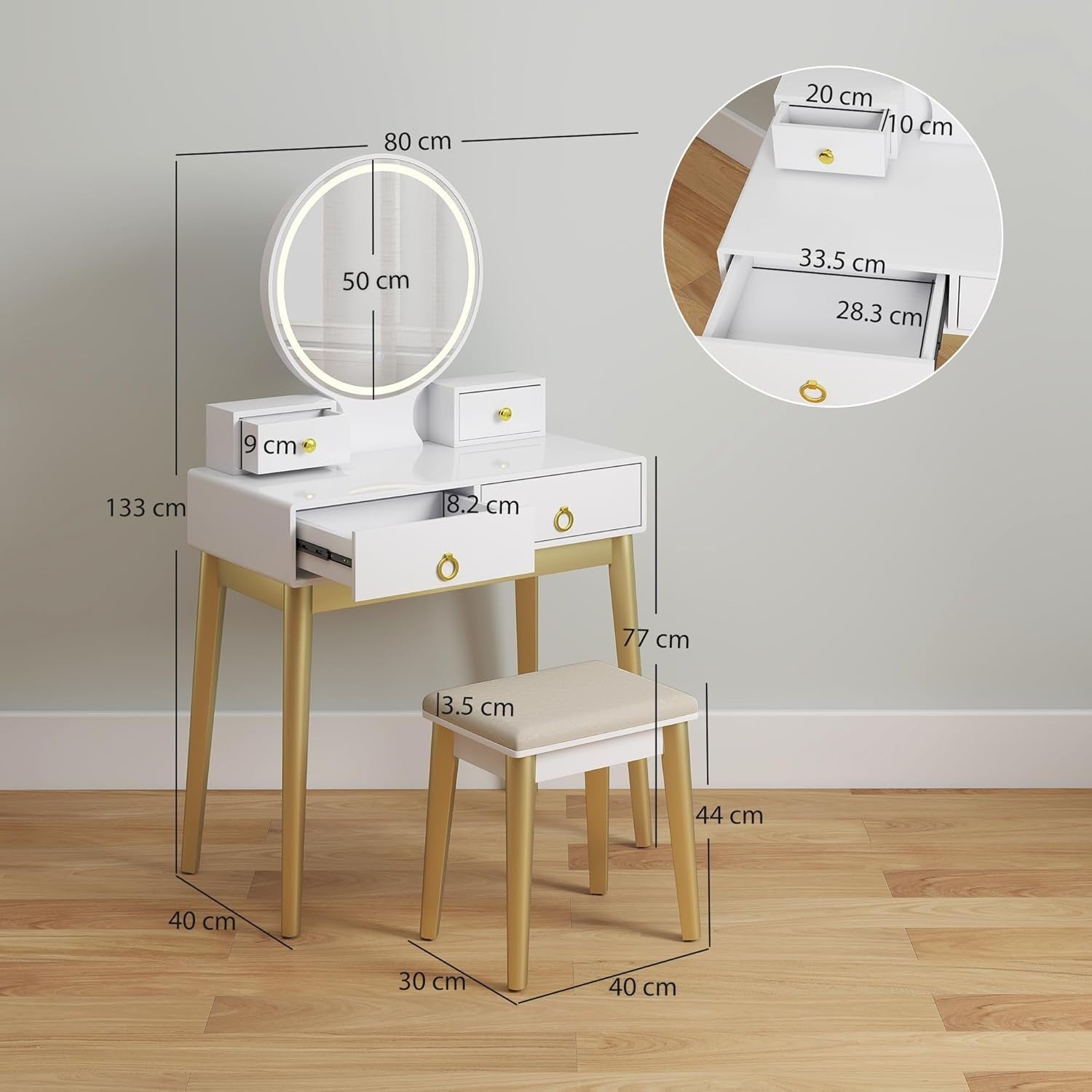 White Dressing Table LED Mirror Vanity Makeup Desk Stool 4 Drawers Set Modern