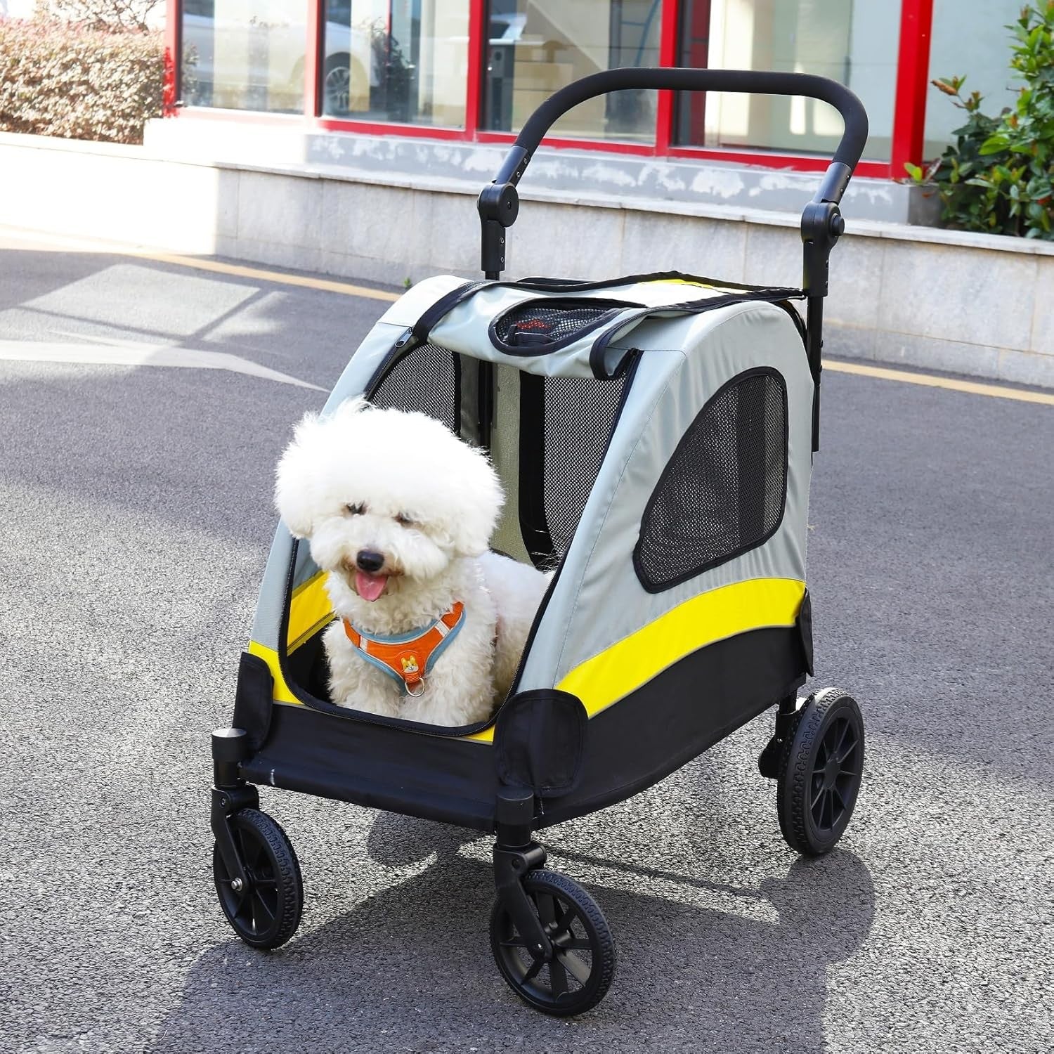 Heavy Duty Pet Stroller with Brakes Oversized Wheels Small Dogs Cats Yellow