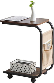 Mobile Brown C-Shaped Side Table with Wheels & Storage Basket for Sofa