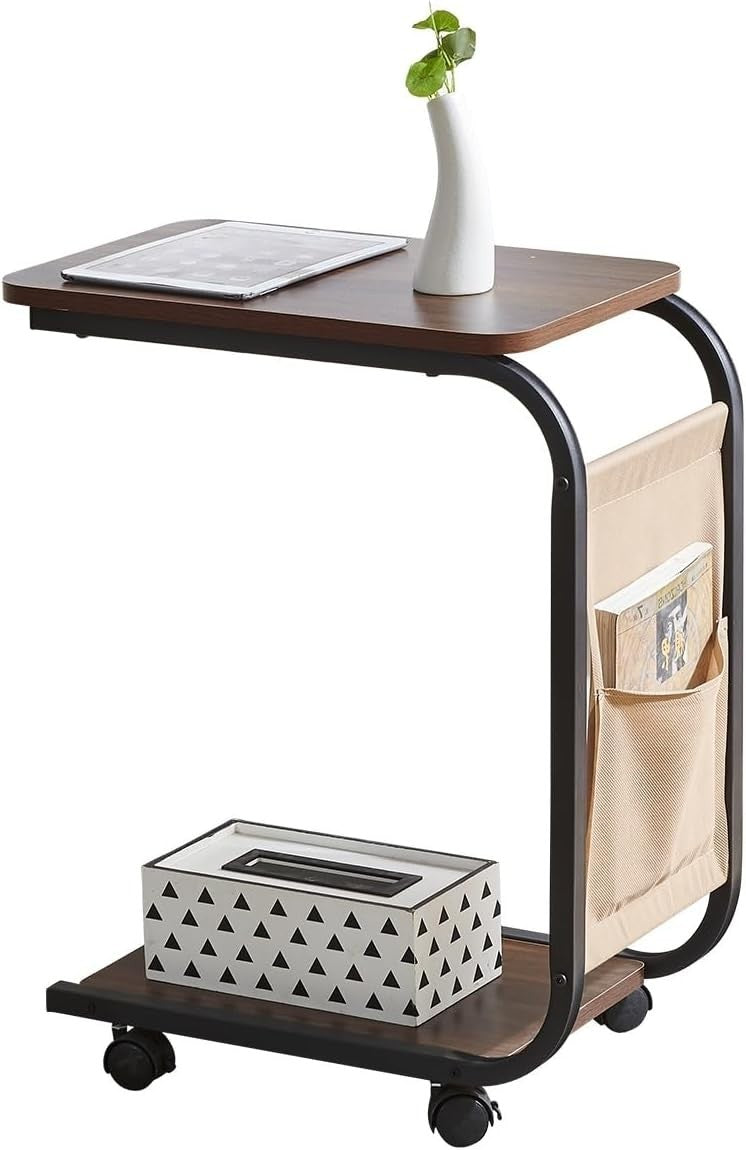 Mobile Brown C-Shaped Side Table with Wheels & Storage Basket for Sofa
