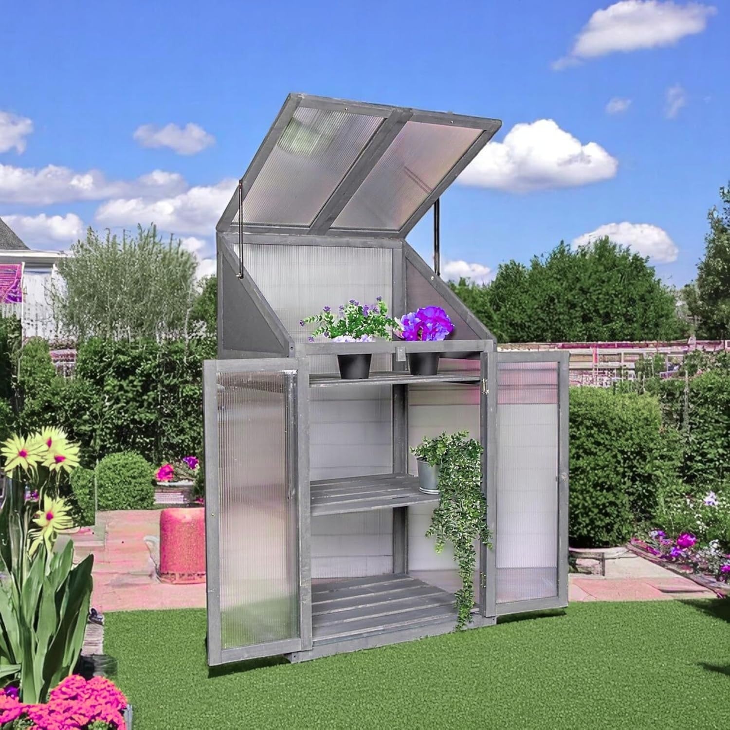 3 Tier Wooden Greenhouse Grey Cold Frame with Double Doors & Skylight