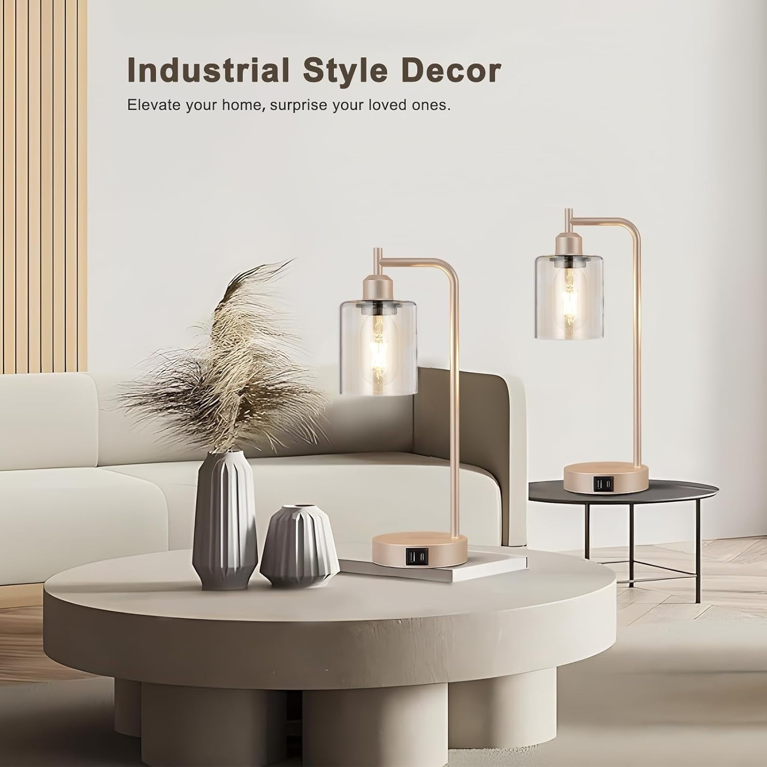 Champagne Gold Touch Table Lamps Set of 2 USB Dimmable Clear Glass