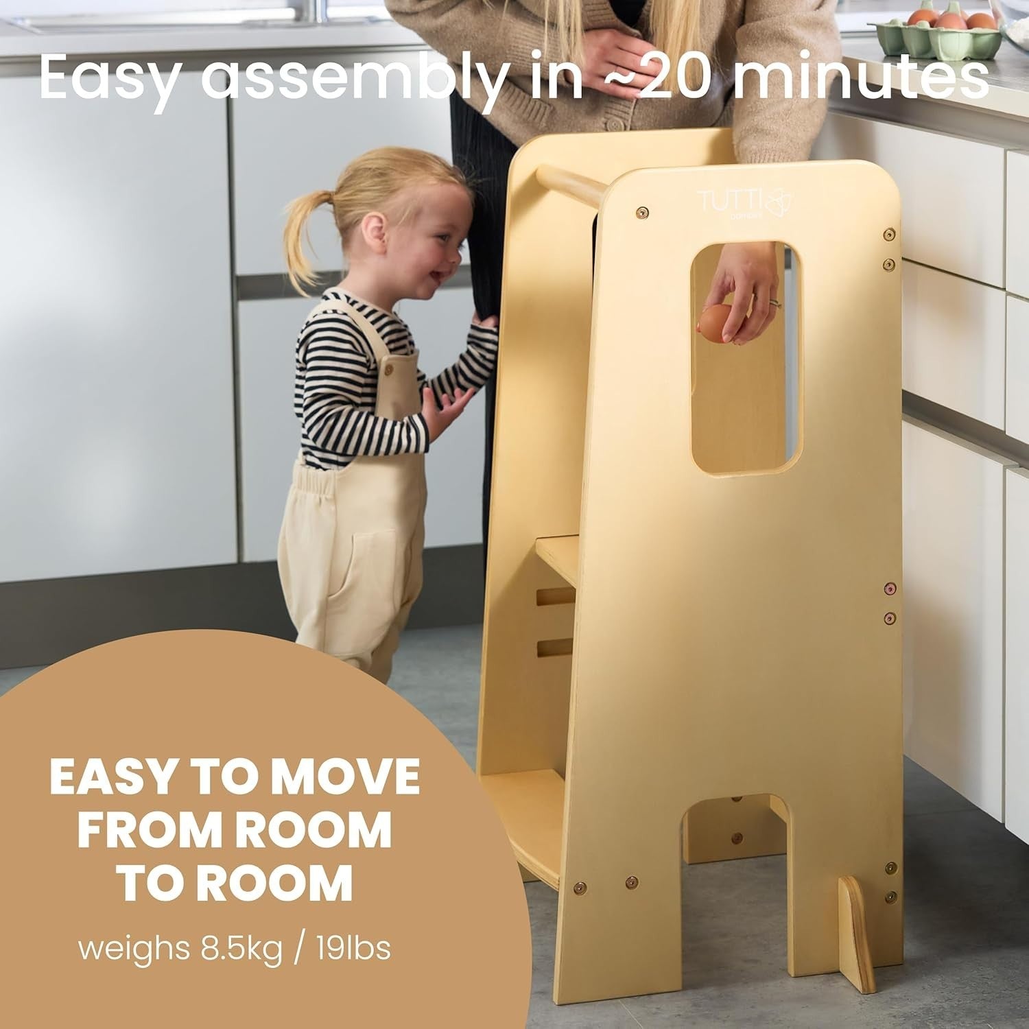 Toddler Learning Tower Stool with 3 Adjustable Heights & Anti-Tip Safety