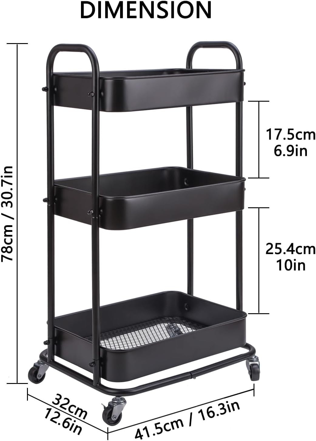 3 Tier Storage Trolley on Wheels Slim Metal Rolling Cart Lockable