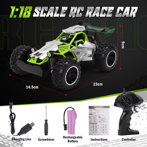 High Speed Off-Road RC Car 1:18 Scale LED Rechargeable Racing Toy for Kids