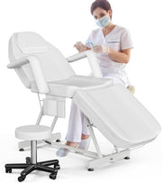 Adjustable 3-Section Beauty Massage Bed w/ Hydraulic Stool & Headrest White