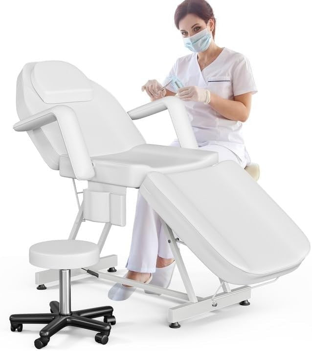 Adjustable 3-Section Beauty Massage Bed w/ Hydraulic Stool & Headrest White