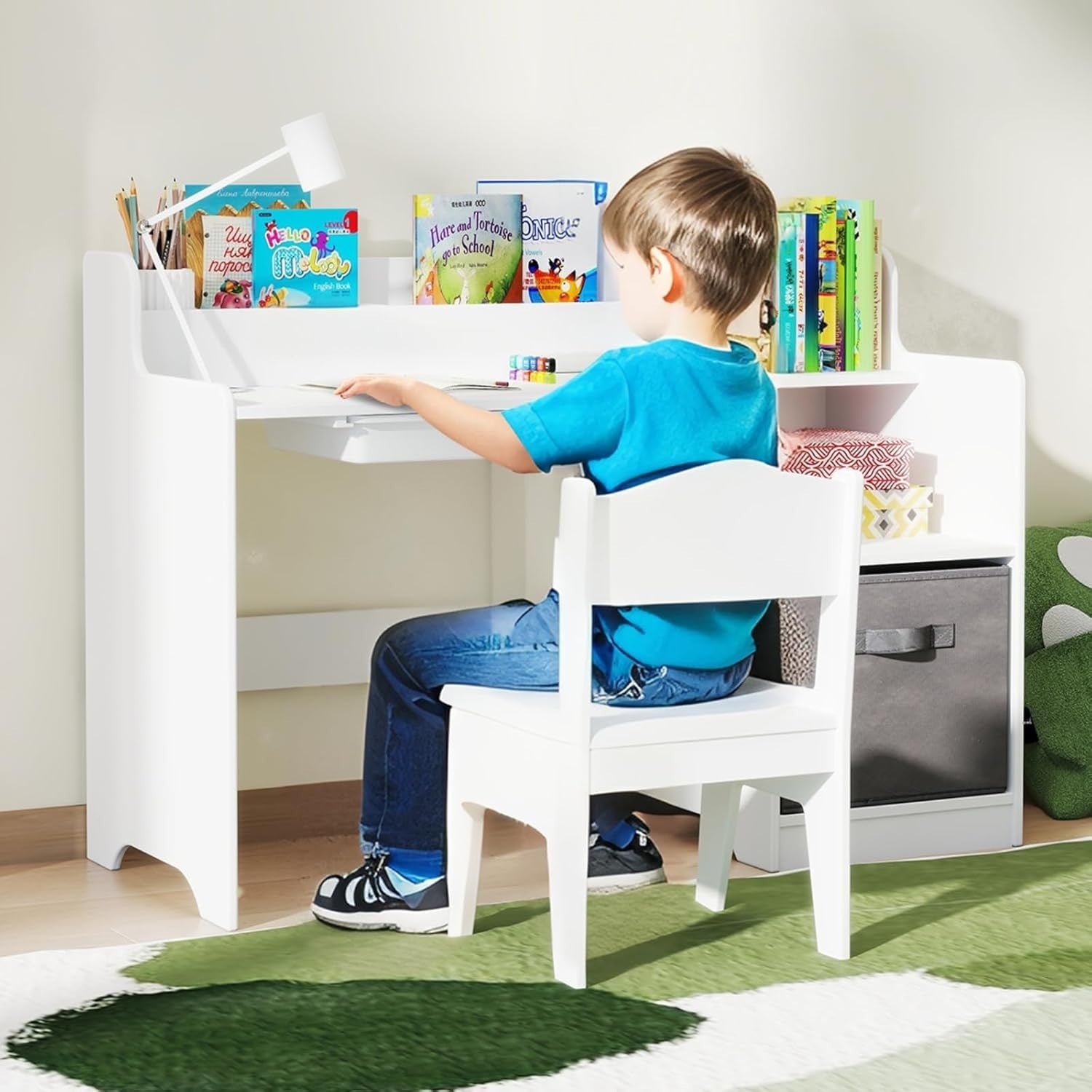 Kids Wooden Desk and Chair Set w/ Drawer Shelves Storage Bin Study Table White