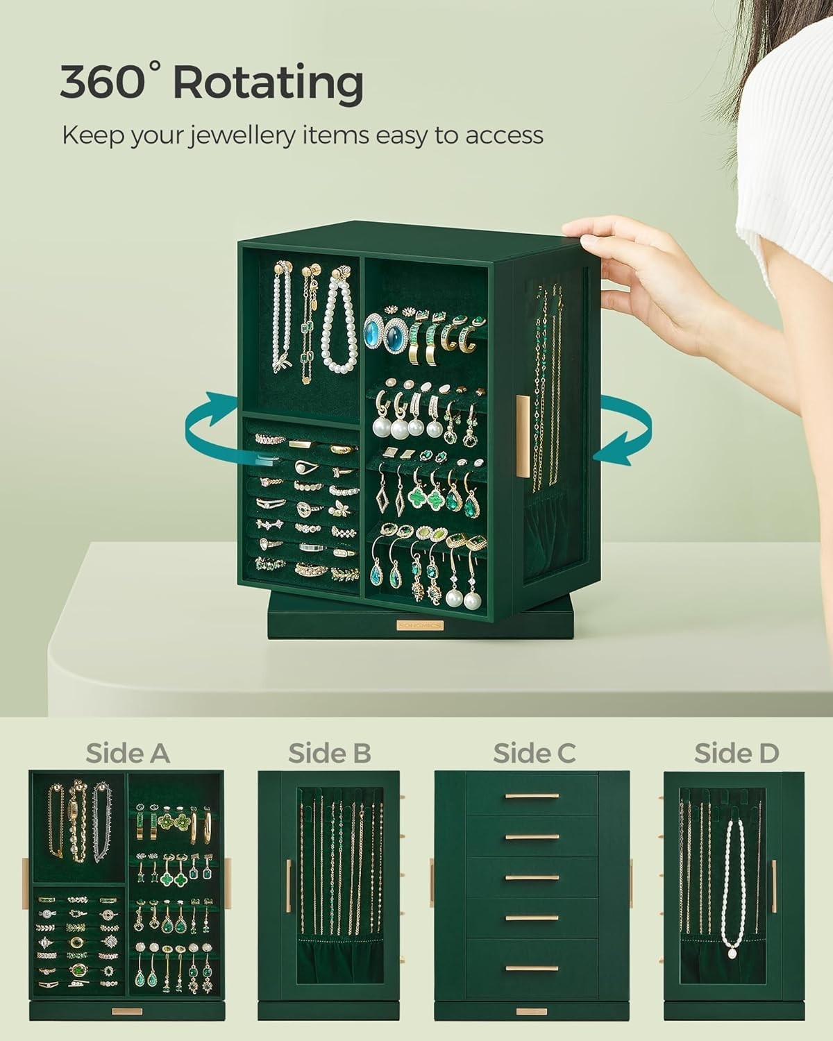 Forest Green Rotating Jewellery Box 360° Vertical Organizer with Drawers