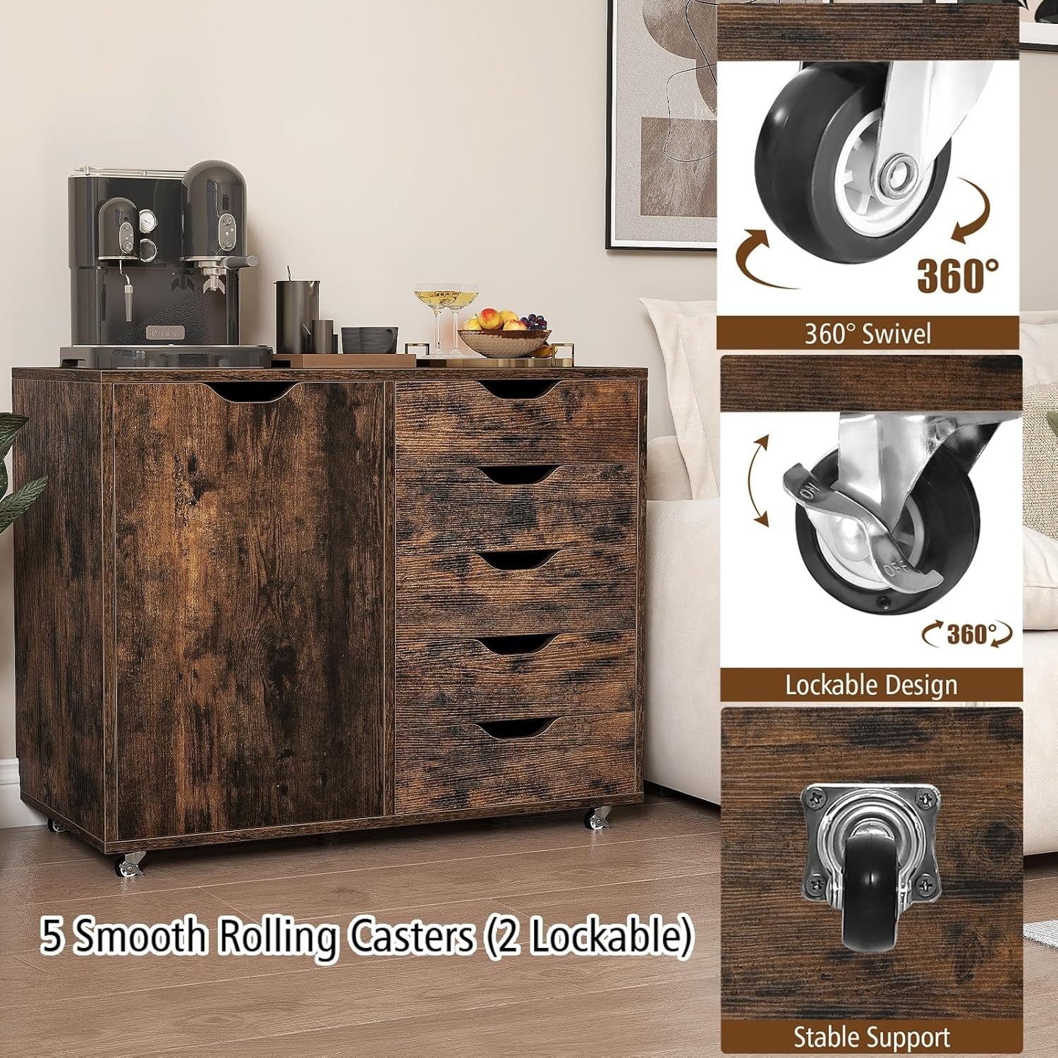 Mobile 5 Drawer File Cabinet with Side Cupboard Rolling Office Storage